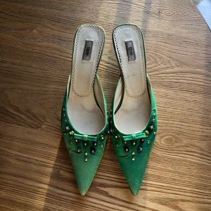 Prada | Vintage Stud Green Silk Kitten Mule
